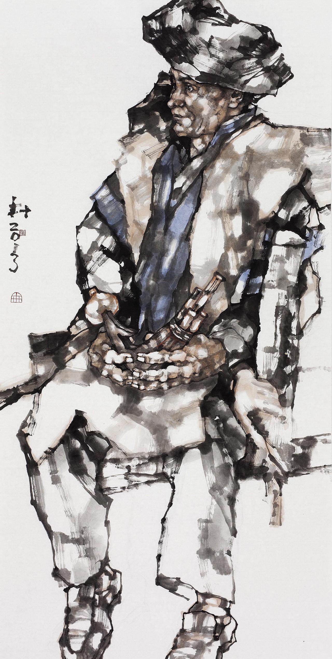 【《彝族老人》-张卉人物 国画-纸本 (2013年作)】_.