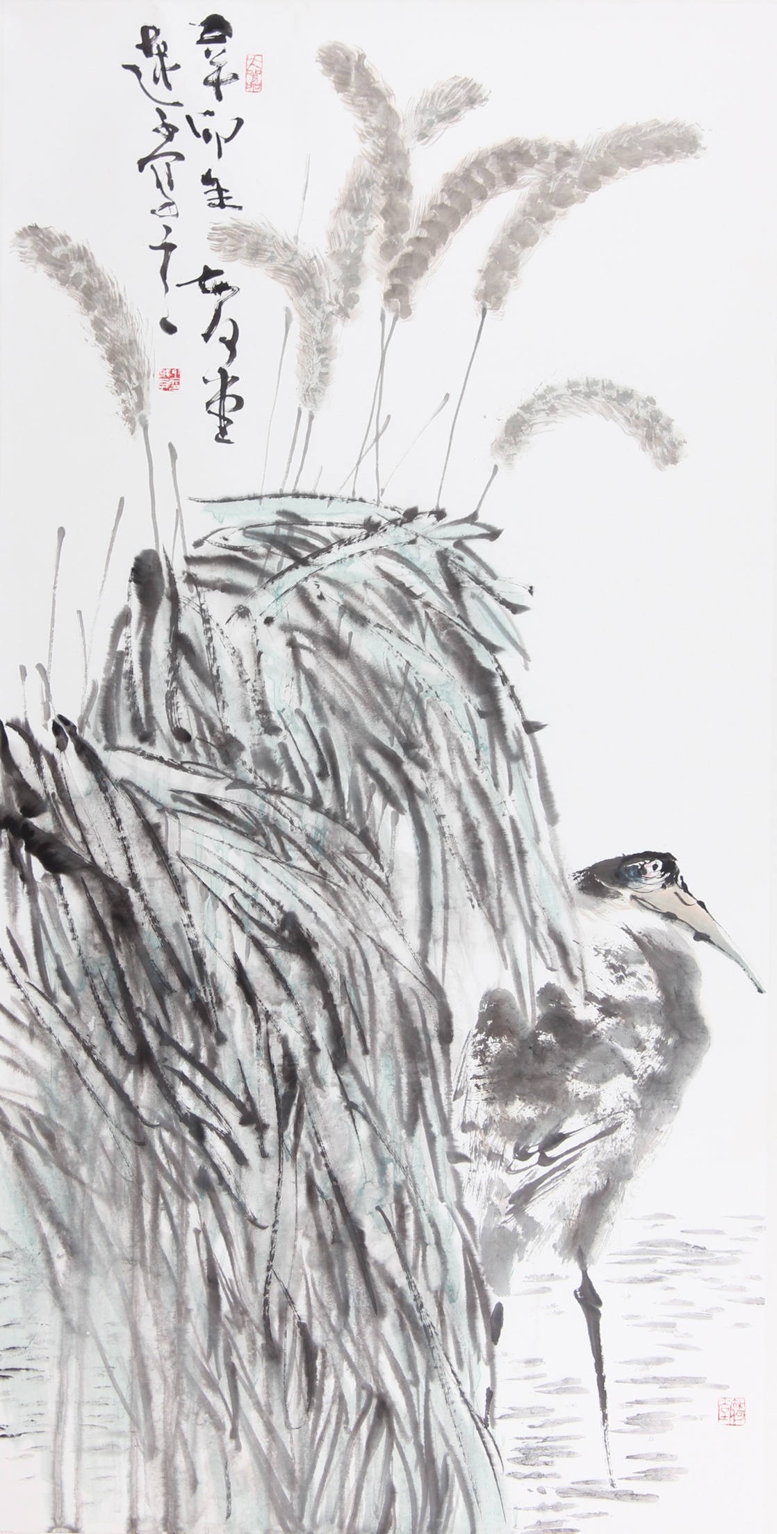 《芦苇丛中鸟》137×69cm,2010年,纸本水墨