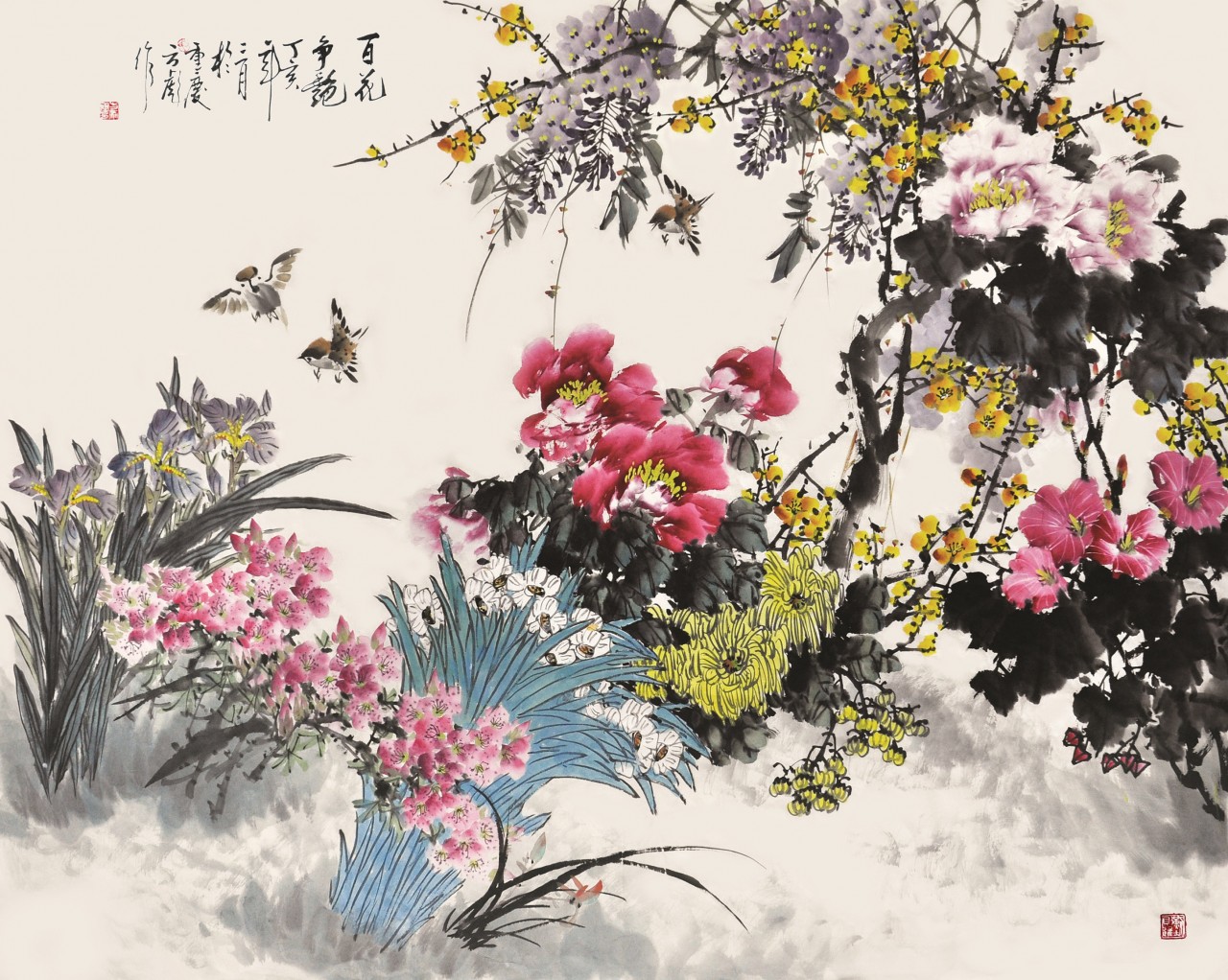 【百花争艳-方彪花鸟国画-纸本(2013年作)】方彪花鸟