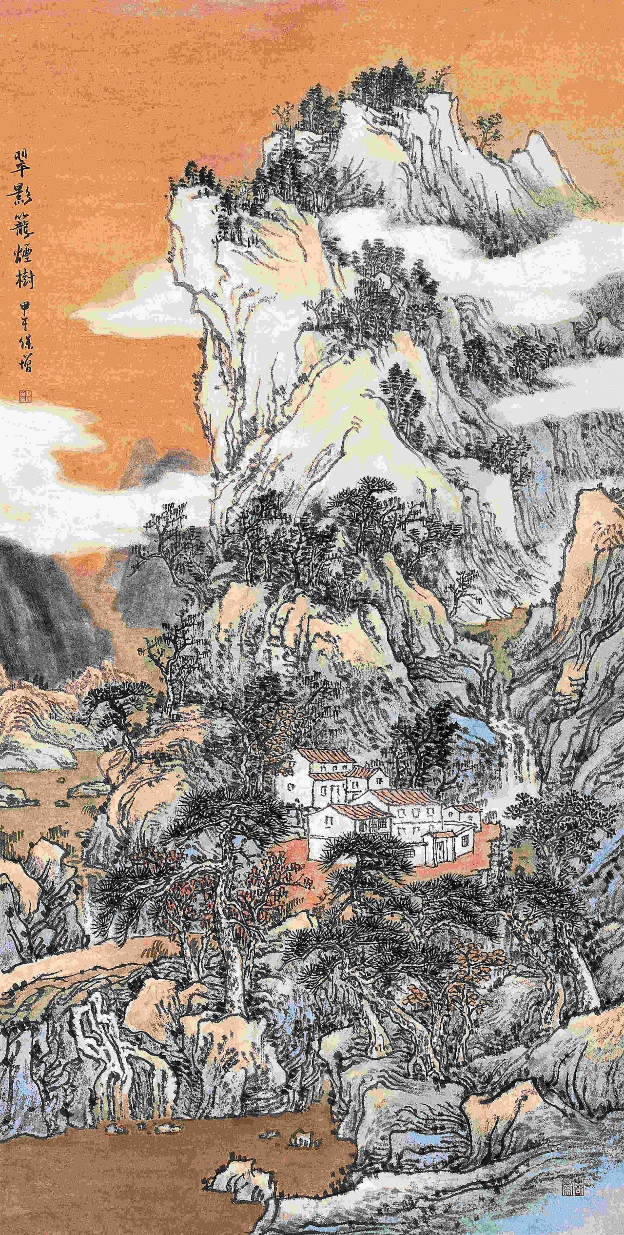 【翠影龙烟树 68x136cm -毛保增山水国画-纸本(2014年