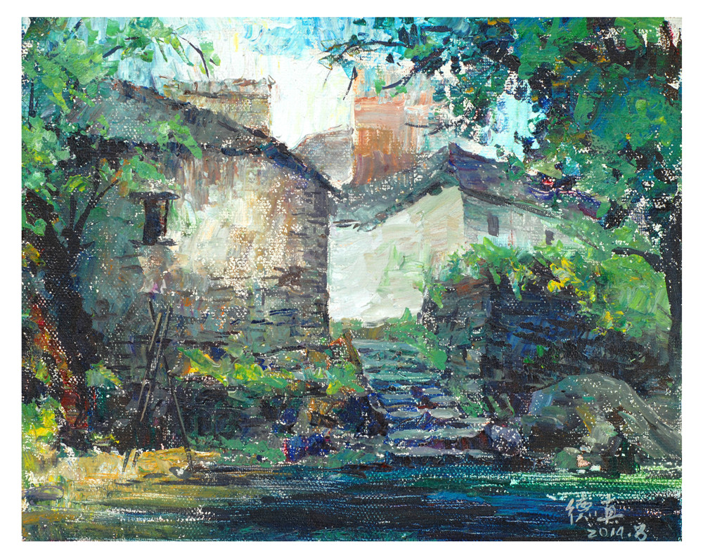 【陀川小景--布上粉画30,40厘米-李德真风景水彩水粉