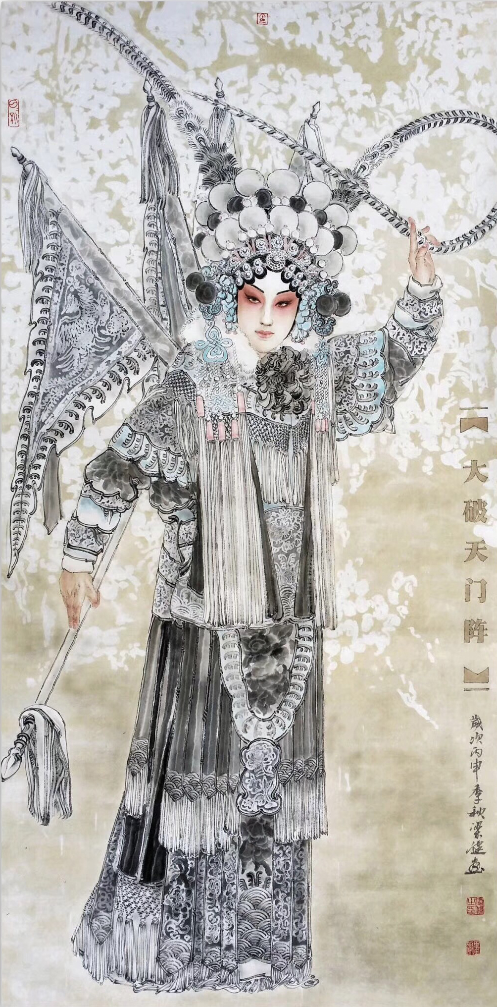 【大破天门阵 136cmx68cm-梁健人物国画-纸本(2016年)