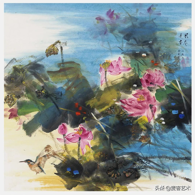 出水芙蓉图-中国当代著名艺术家邓敬民国画重彩荷花作品