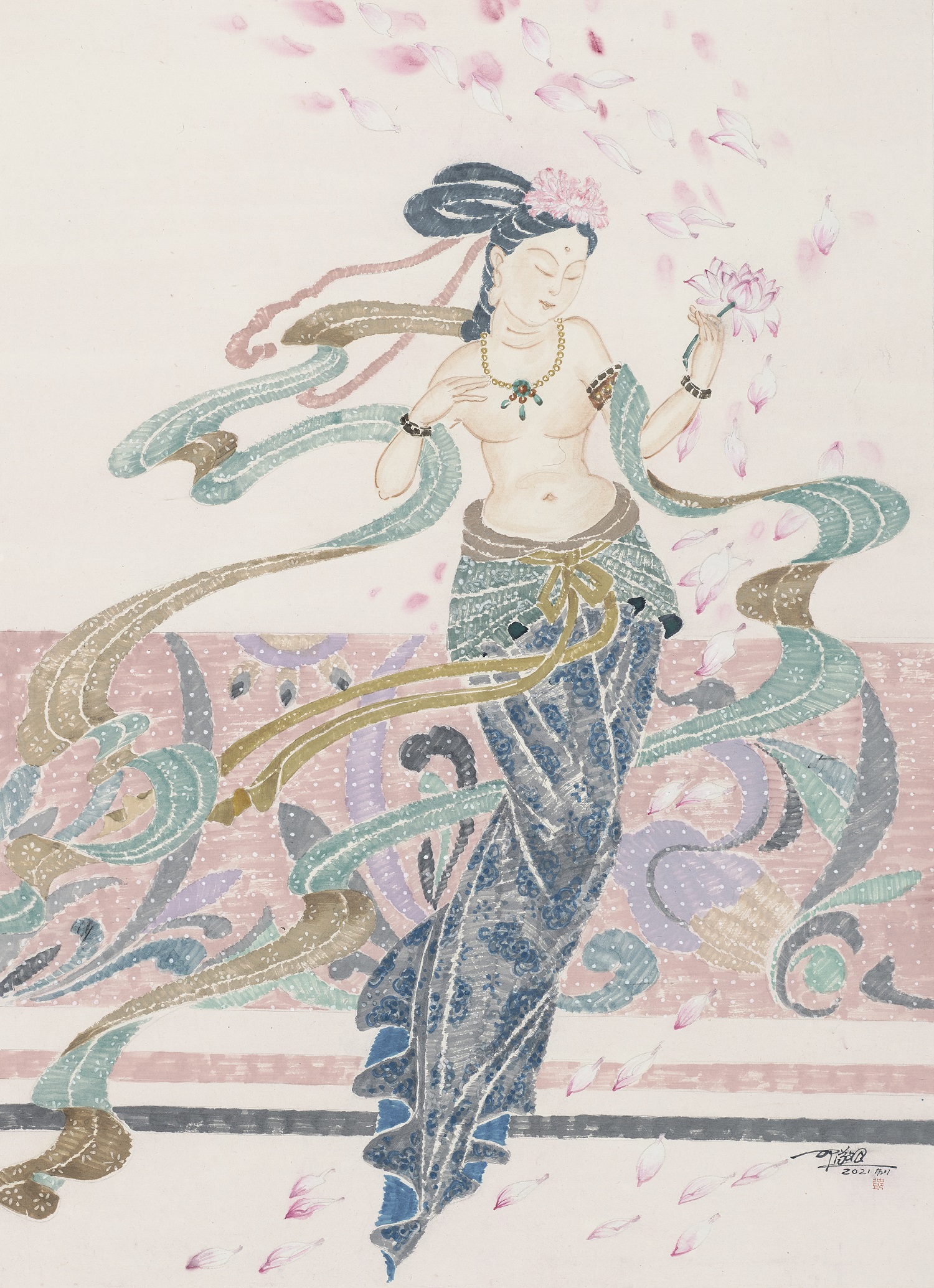 【动态】当代全能型艺术家邓敬民巧用莫兰迪色系绘现代敦煌飞天仙女图