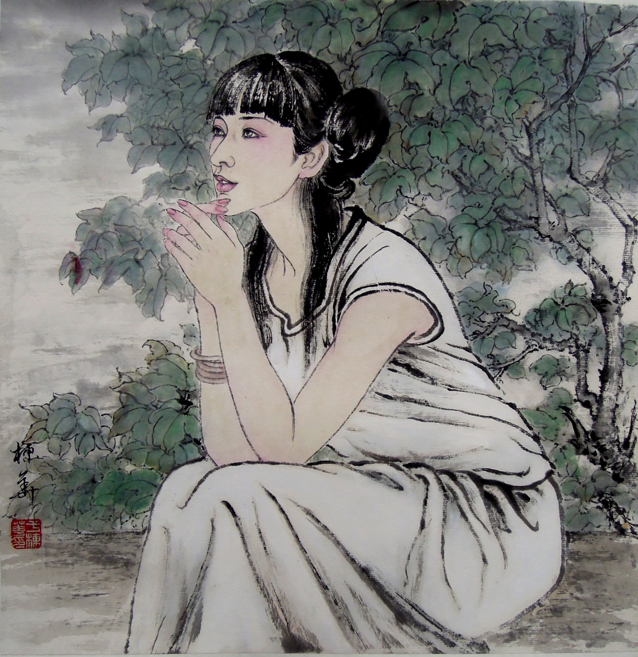 【《绿荫》 -于栋华人物国画-纸本(2013年作)】于栋华写意人物作品