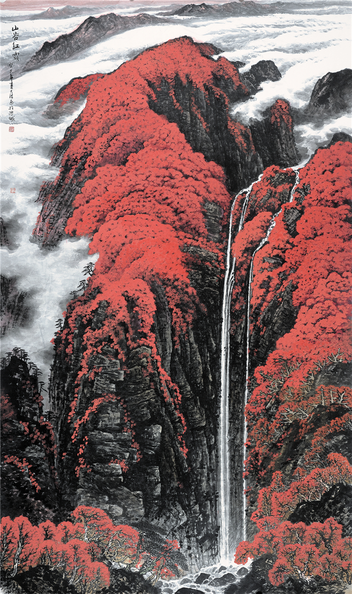 石大法 山谷红霞 中国画 240cmx144cm  2013年