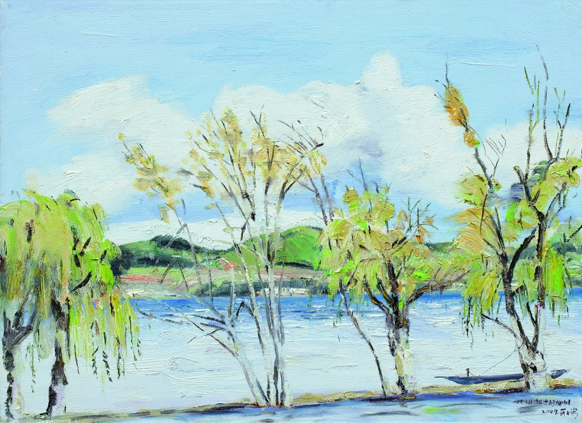 水粉柳树风景画图片