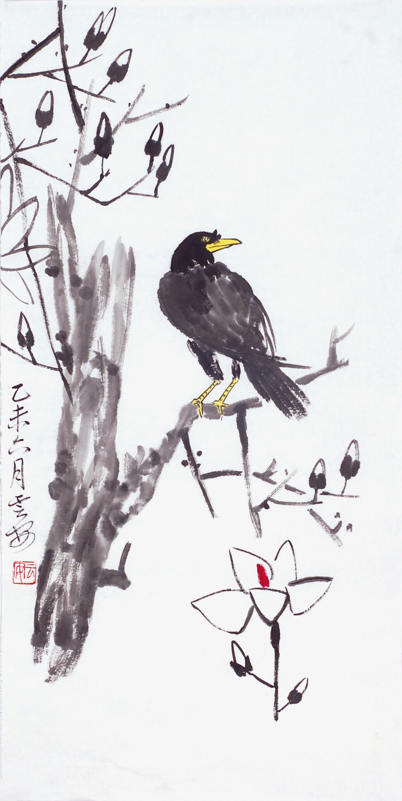 【玉兰八哥-肖云安花鸟国画-纸本(2015年作)】肖云安花鸟作品_个人