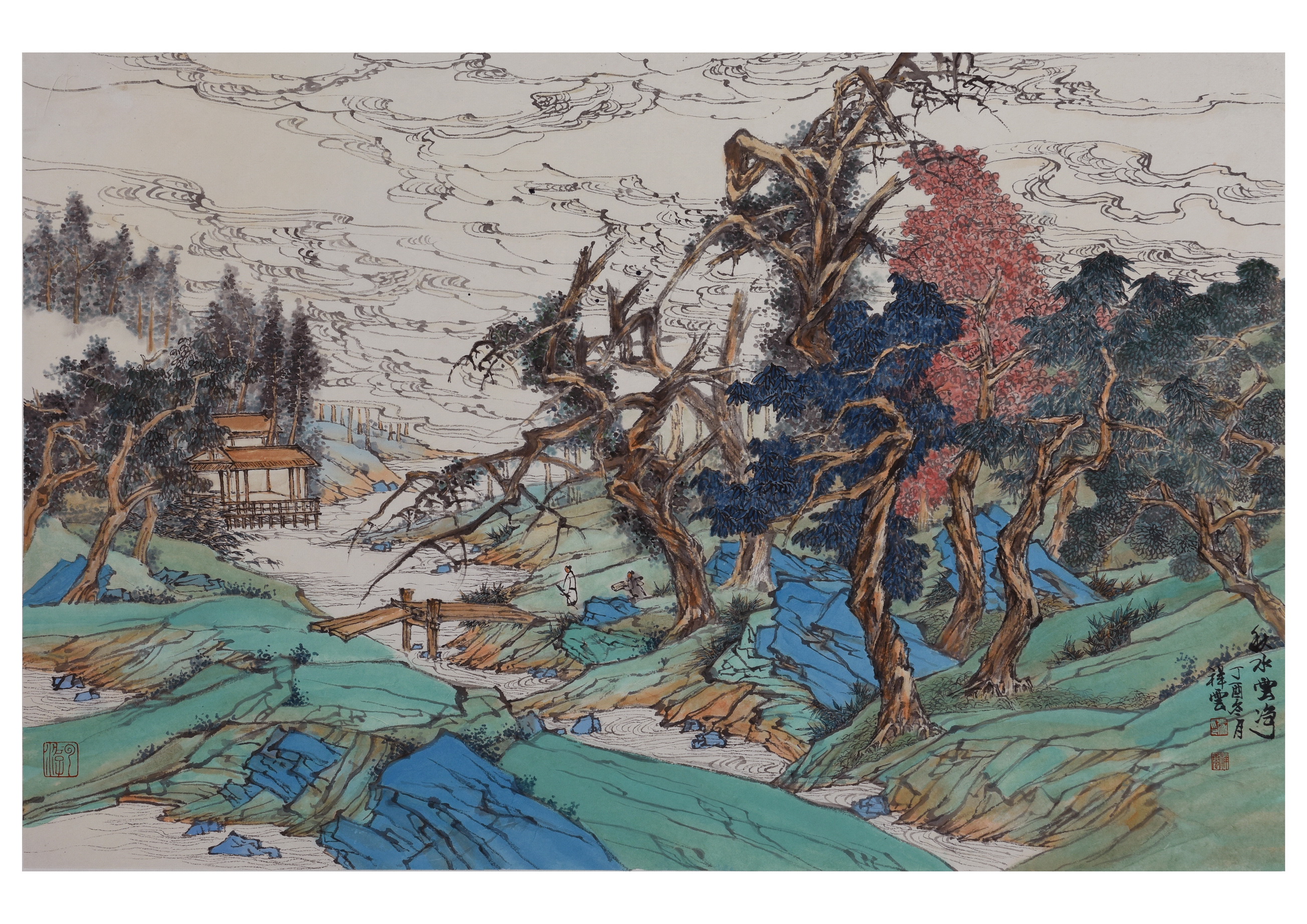 【秋水云净 45x69cm-冯祥云山水国画-纸本(2017年作)】冯祥云青绿山水