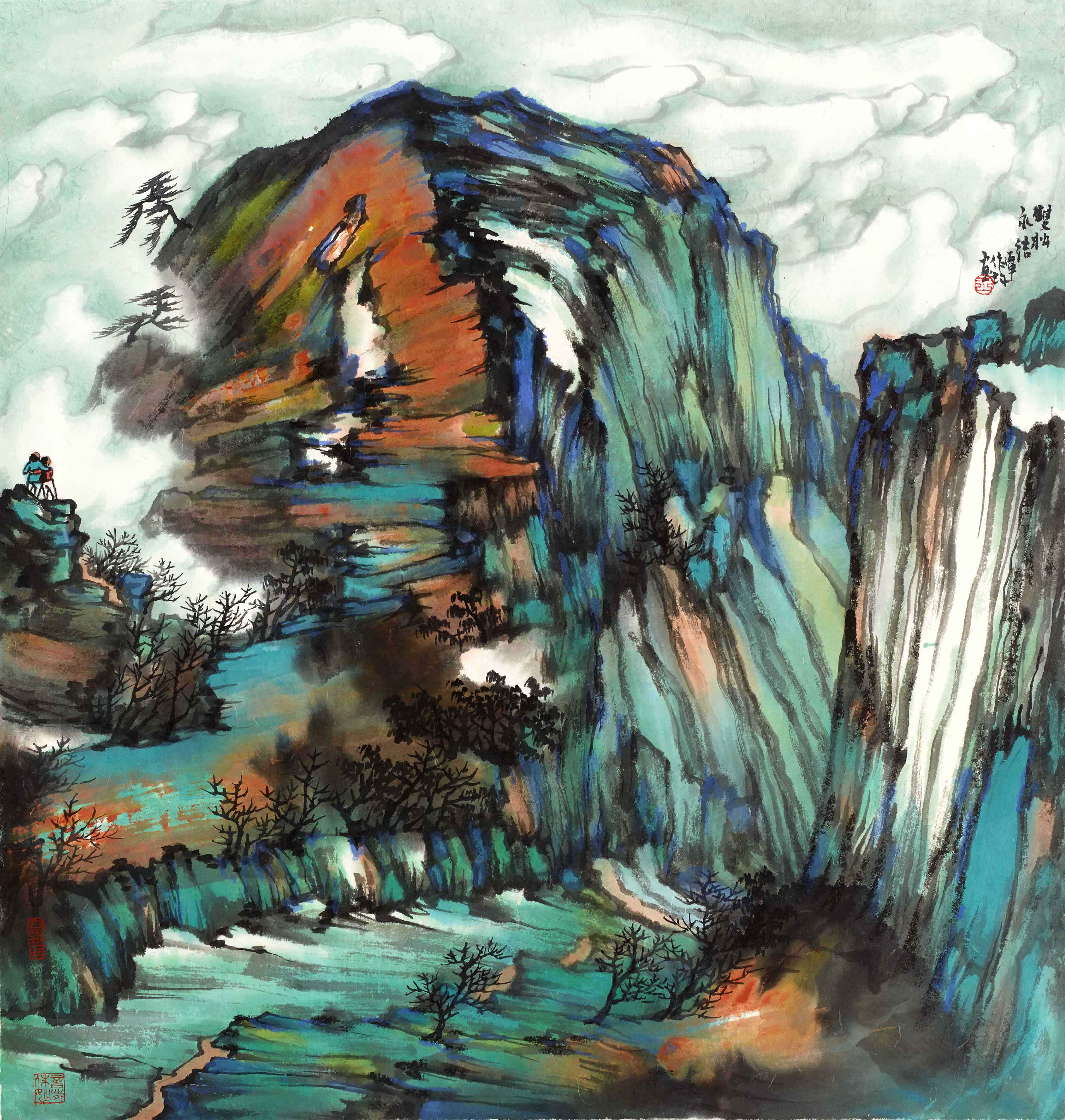 【《双松永结》60cm x 57cm,皮纸,彩,墨,2016年-王作均其他国画-其他