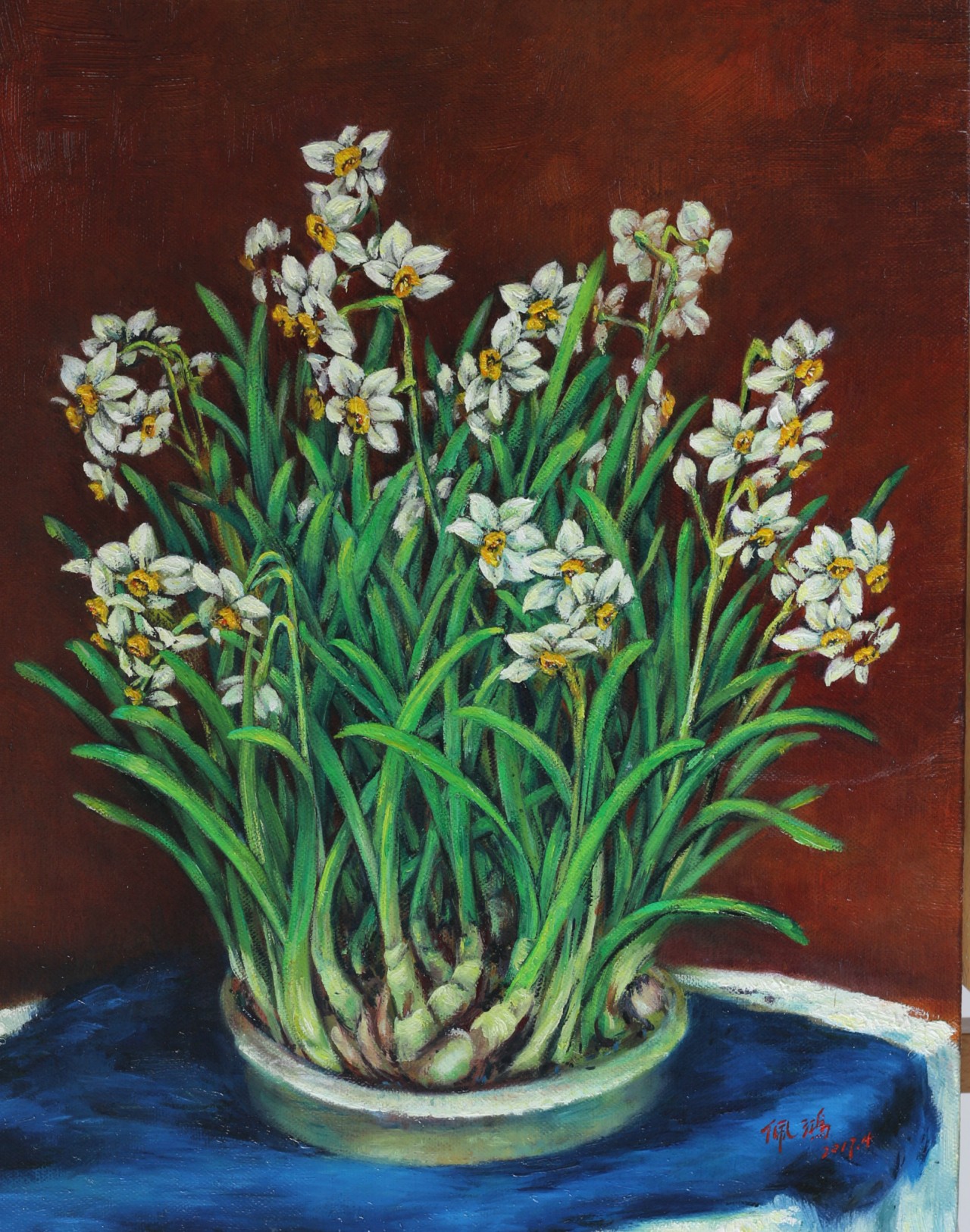 【盛开的水仙-佩鸿静物油画-布面(2017年作)】佩鸿作品_个人作品推介