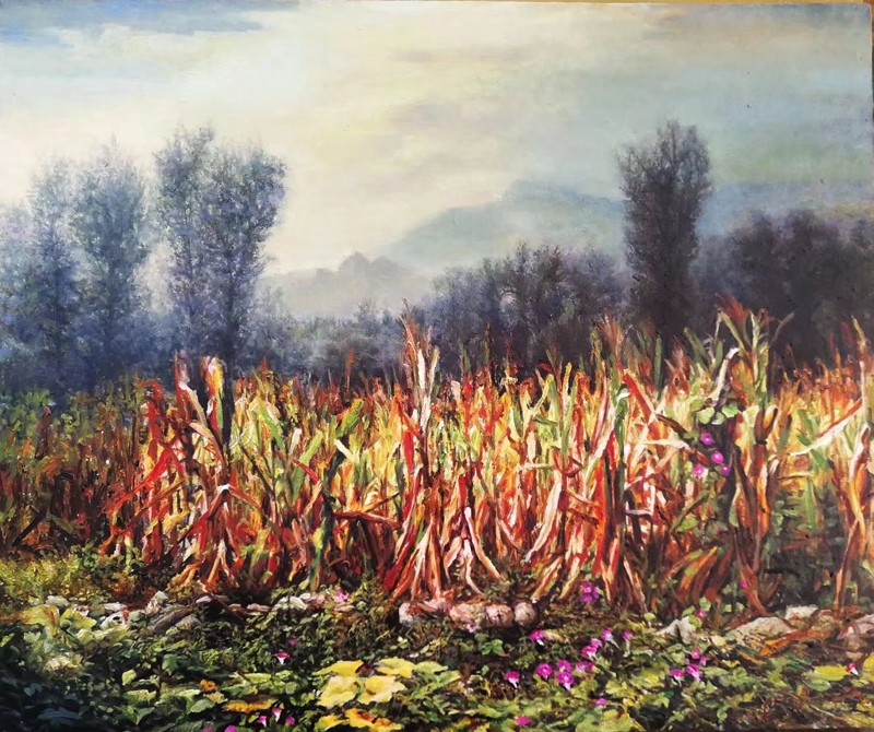 王金花 《玉米地》布面油画 尺寸(50x60)cm  作者:王金花 2017年创作