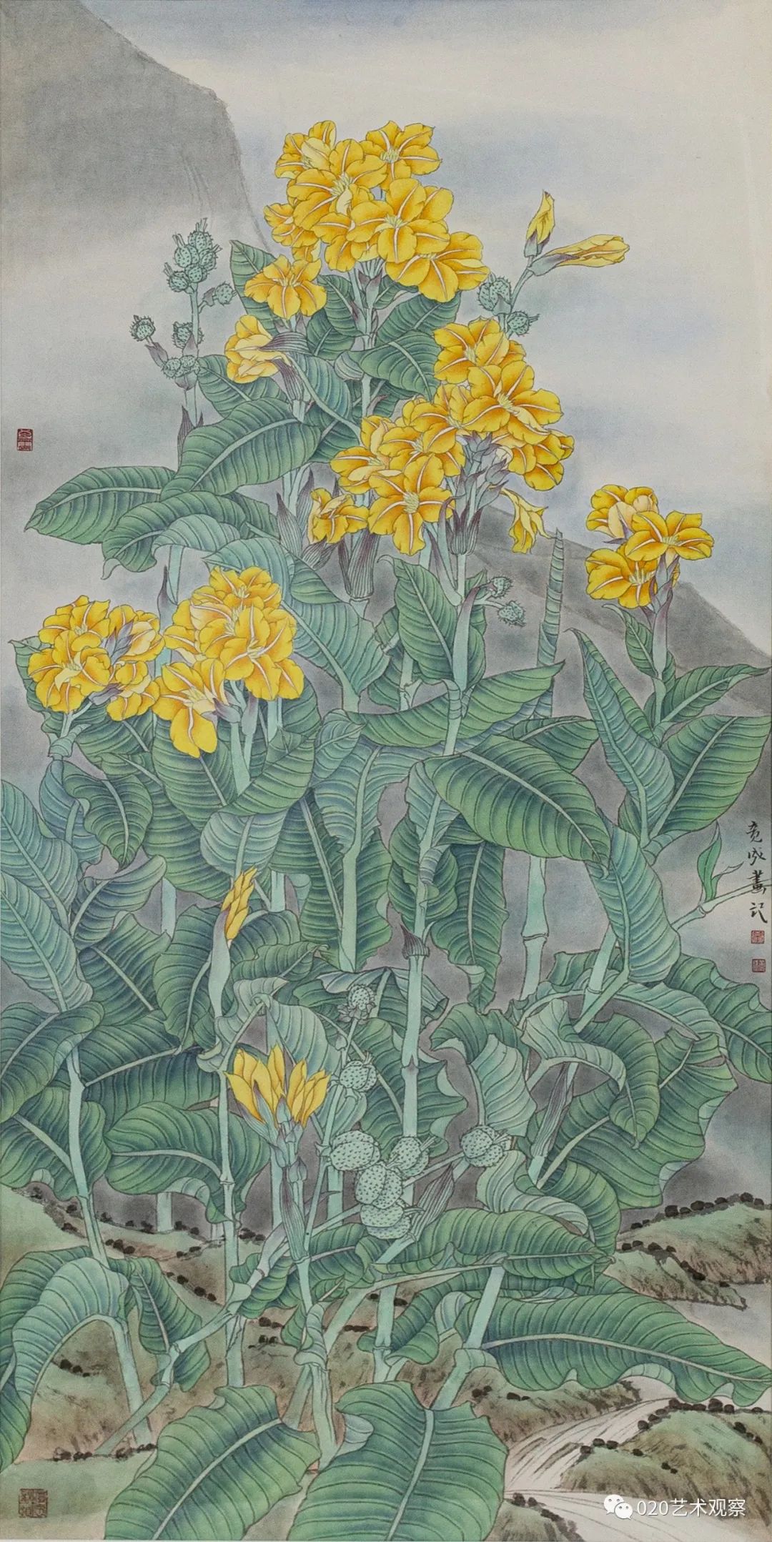 董竟成《花河》中国画  136cm×68cm林蓝《盈月》中国画  160cm×210