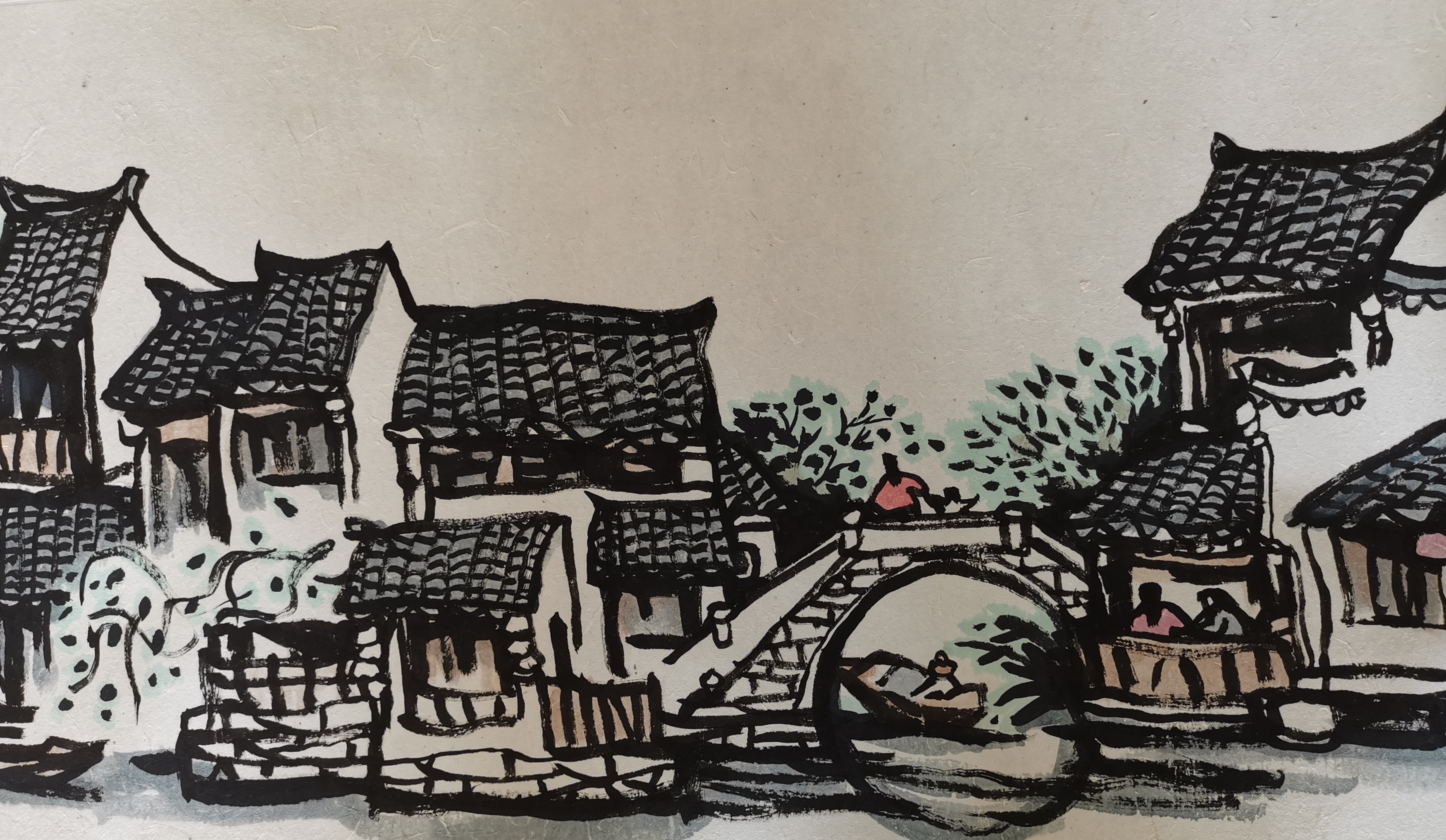 长卷之局部宣纸·水墨加国画色回望江南·水乡西塘刘玉山作2014年9月