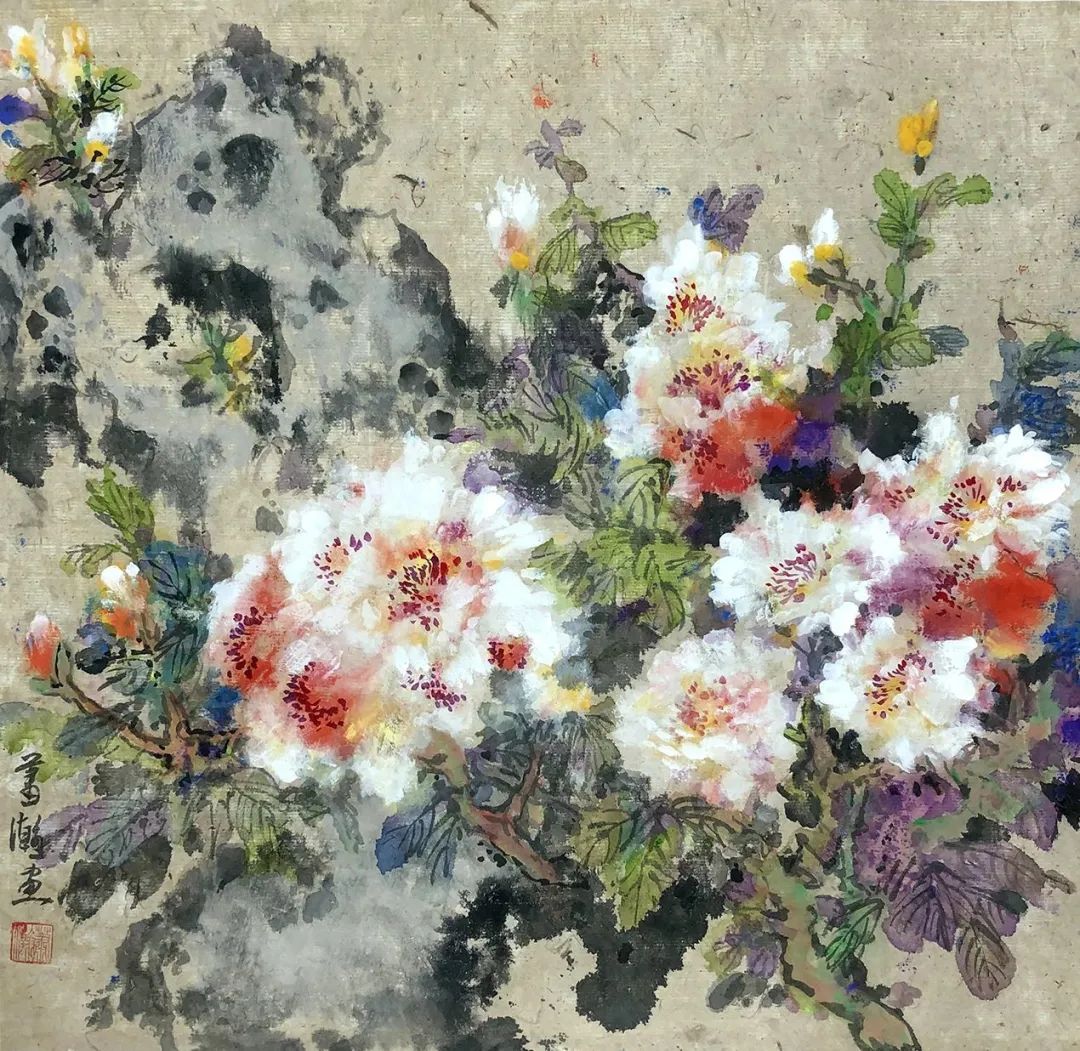 起兮秋荷劲放69x69cm深谷幽情53x53cm石边即景49x49cm数朵红花石后