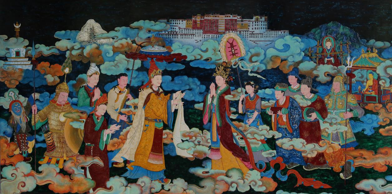 《和谐金桥》 ,唐明修,仁青郎加,邓珠尼玛,德青绕珠,120x240cm,2023年