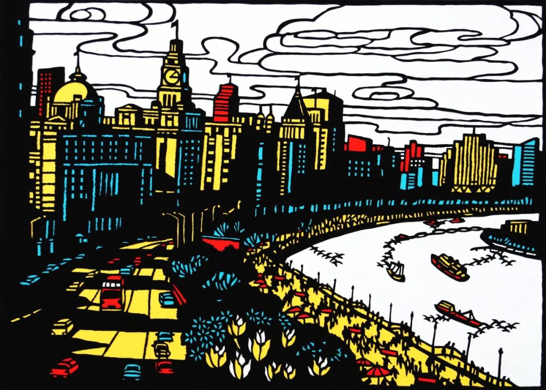 李守白-海派剪纸《浦江风情》2015年九,上海万国建筑群以黄浦江为界