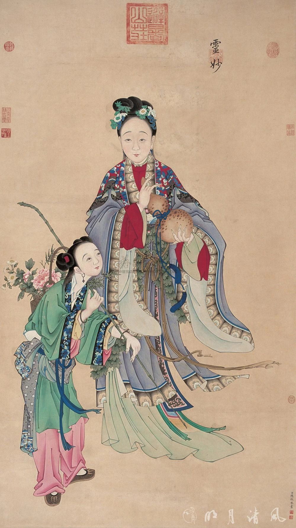 麻姑献寿(陈枚)画中,仙女云髻轻挽,柳叶弯眉下一双善睐明眸,琼鼻秀口