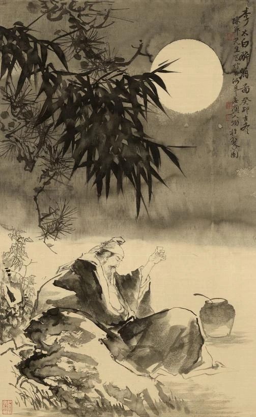 陈军,何军委 太白醉酒图 绢本水墨 86cm×52cm 2023年陈军,何军委