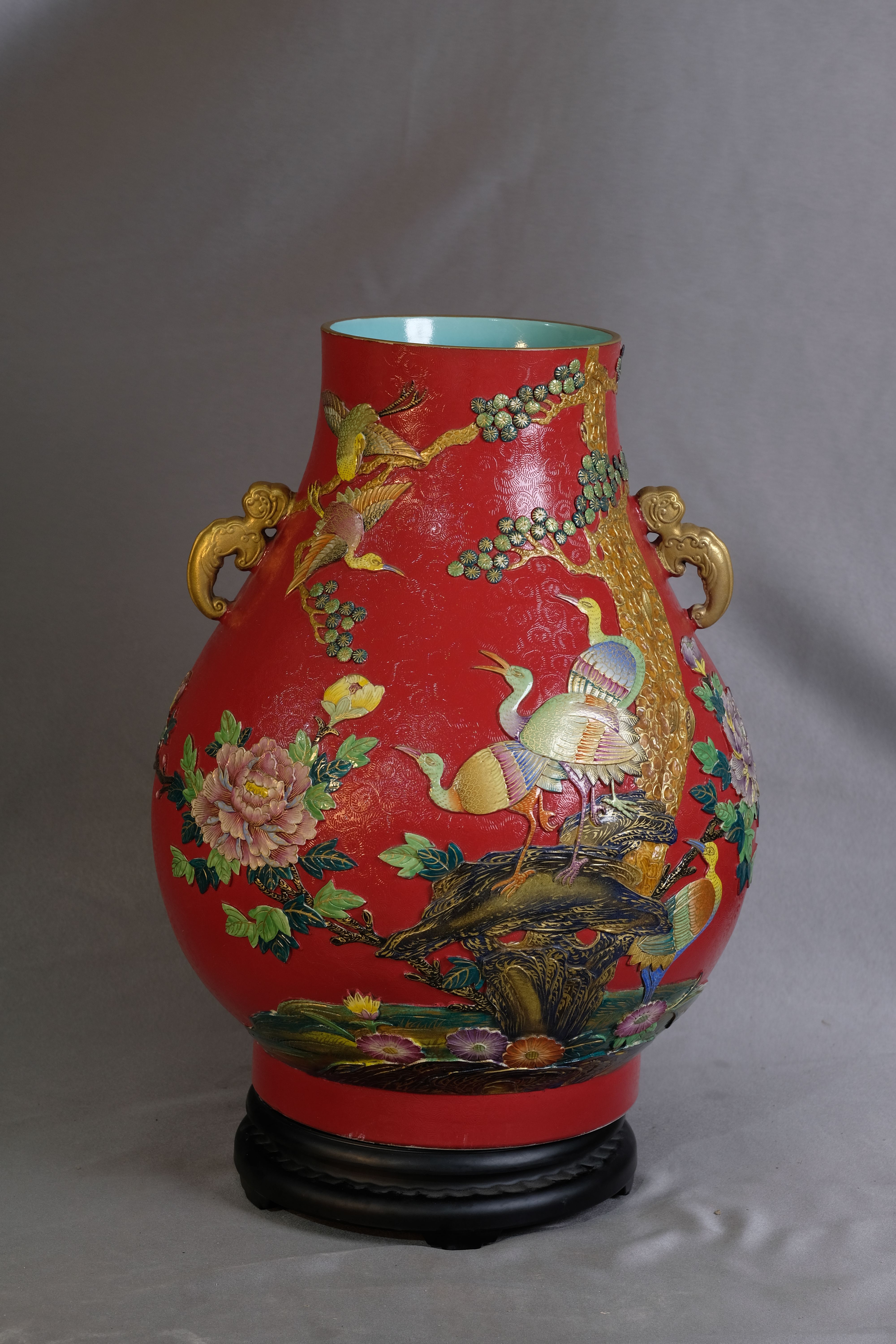 红地扒花雕刻描金花鸟双耳福禄尊