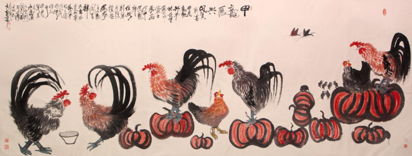 国画大家朱祖国老师巨幅作品《鸡一族系列故事》国画大家朱祖国老师