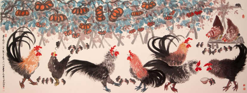 国画大家朱祖国老师巨幅作品《鸡一族系列故事》国画大家朱祖国老师