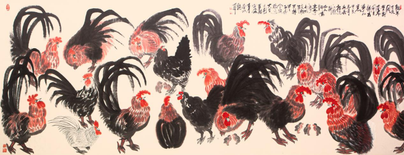 国画大家朱祖国老师巨幅作品《鸡一族系列故事》其作品风格独特,童趣