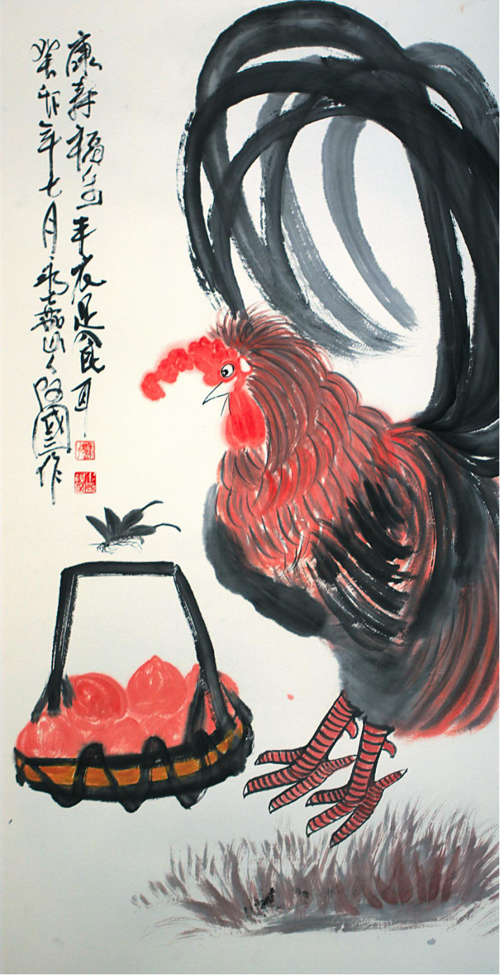 我的作品中赋予动物感情,我喜欢借这些鸡,牛等来表现一种生命的感悟