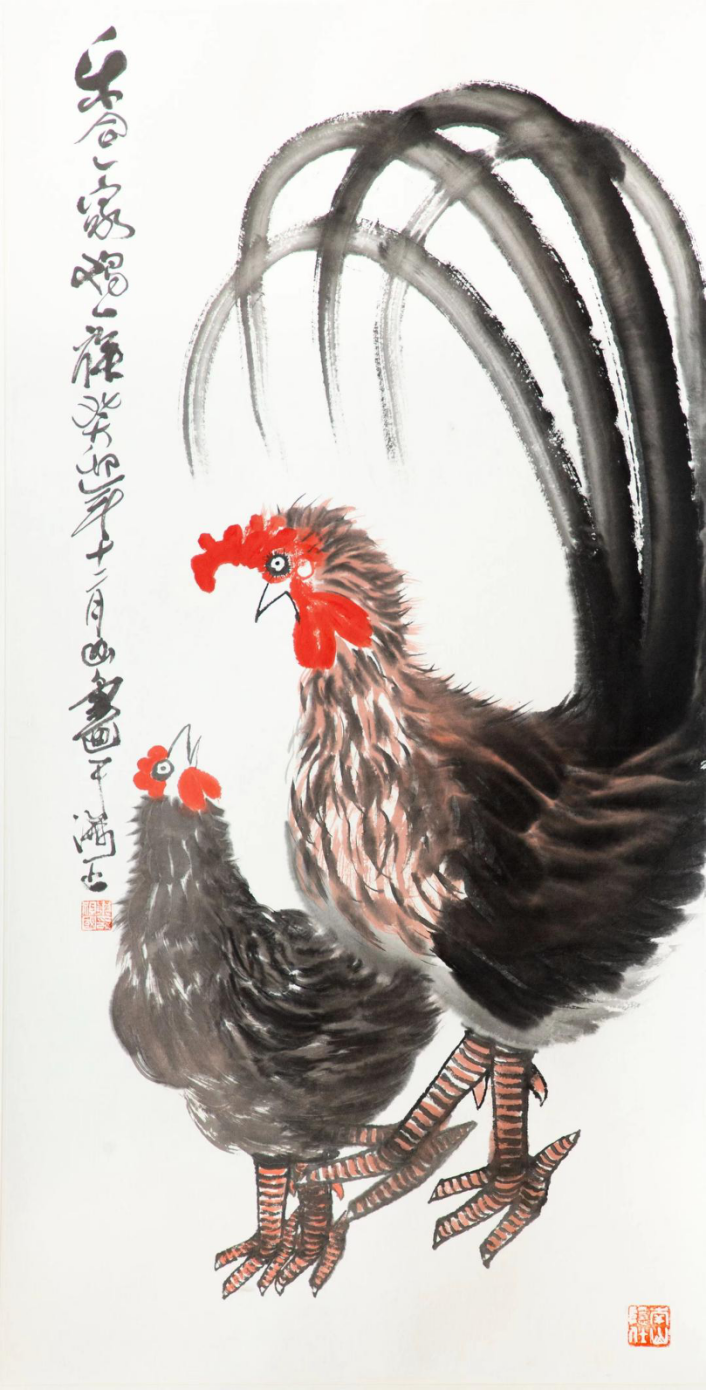 我的作品中赋予动物感情,我喜欢借这些鸡,牛等来表现一种生命的感悟