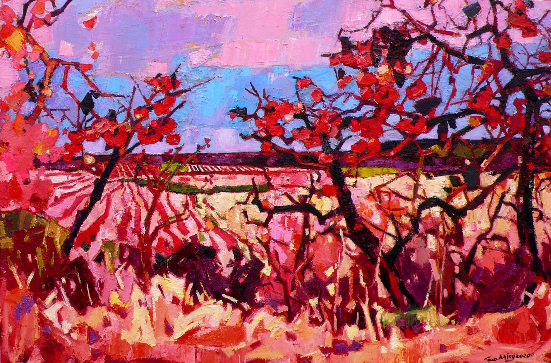 【寒露柿子红了皮150x 100cm -高鸣风景油画-布面(2020年作)】高鸣