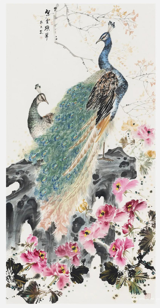 写意孔雀佛教艺术家邓敬民中国写意花鸟画作品欣赏