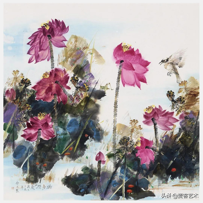出水芙蓉图中国当代著名艺术家邓敬民国画重彩荷花作品