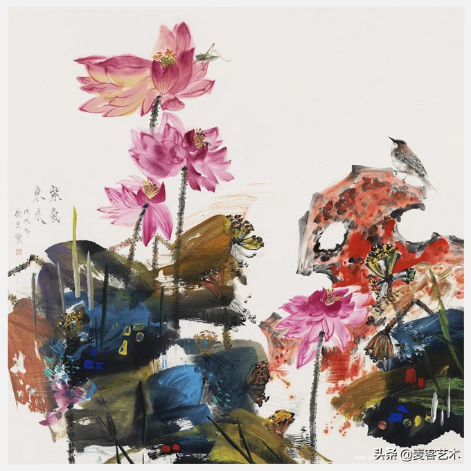 出水芙蓉图-中国当代著名艺术家邓敬民国画重彩荷花作品_艺术家提供