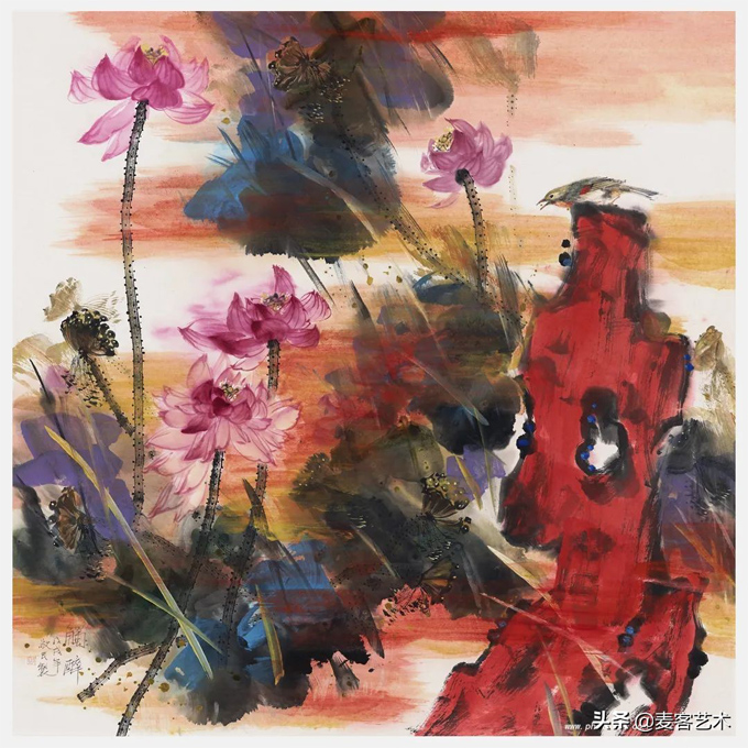 出水芙蓉图-中国当代著名艺术家邓敬民国画重彩荷花作品_艺术家提供