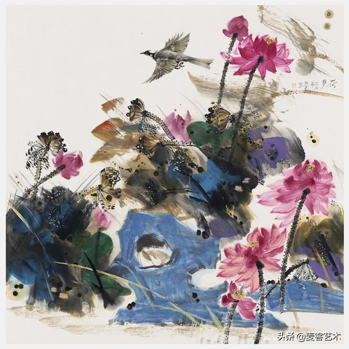 出水芙蓉图-中国当代著名艺术家邓敬民国画重彩荷花作品_艺术家提供