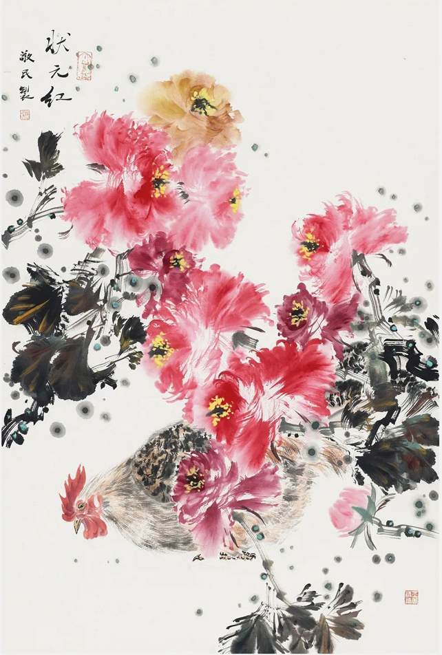 中国当代佛像画家邓敬民绘中国写意花鸟画牡丹