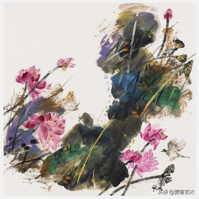 出水芙蓉图中国当代著名艺术家邓敬民国画重彩荷花作品