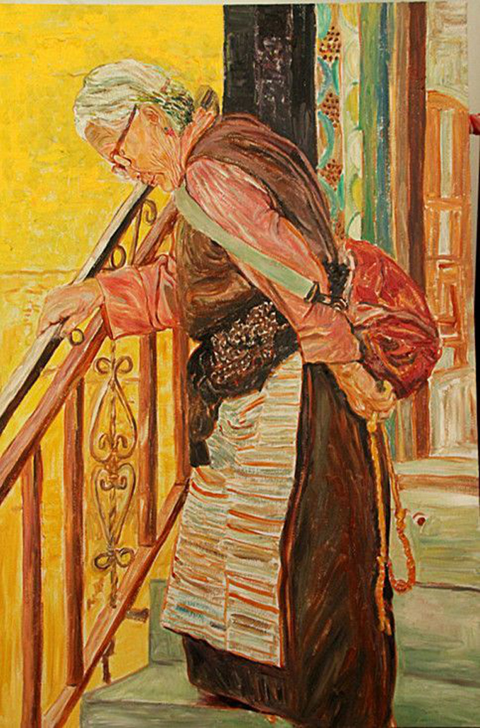 下楼梯的老人  布面油画