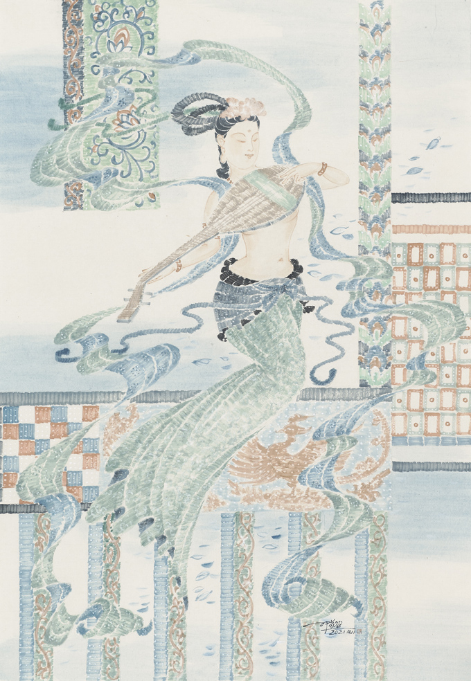 莫兰迪色系敦煌飞天女神图一当代全能型艺术家邓敬民的现代飞天作品
