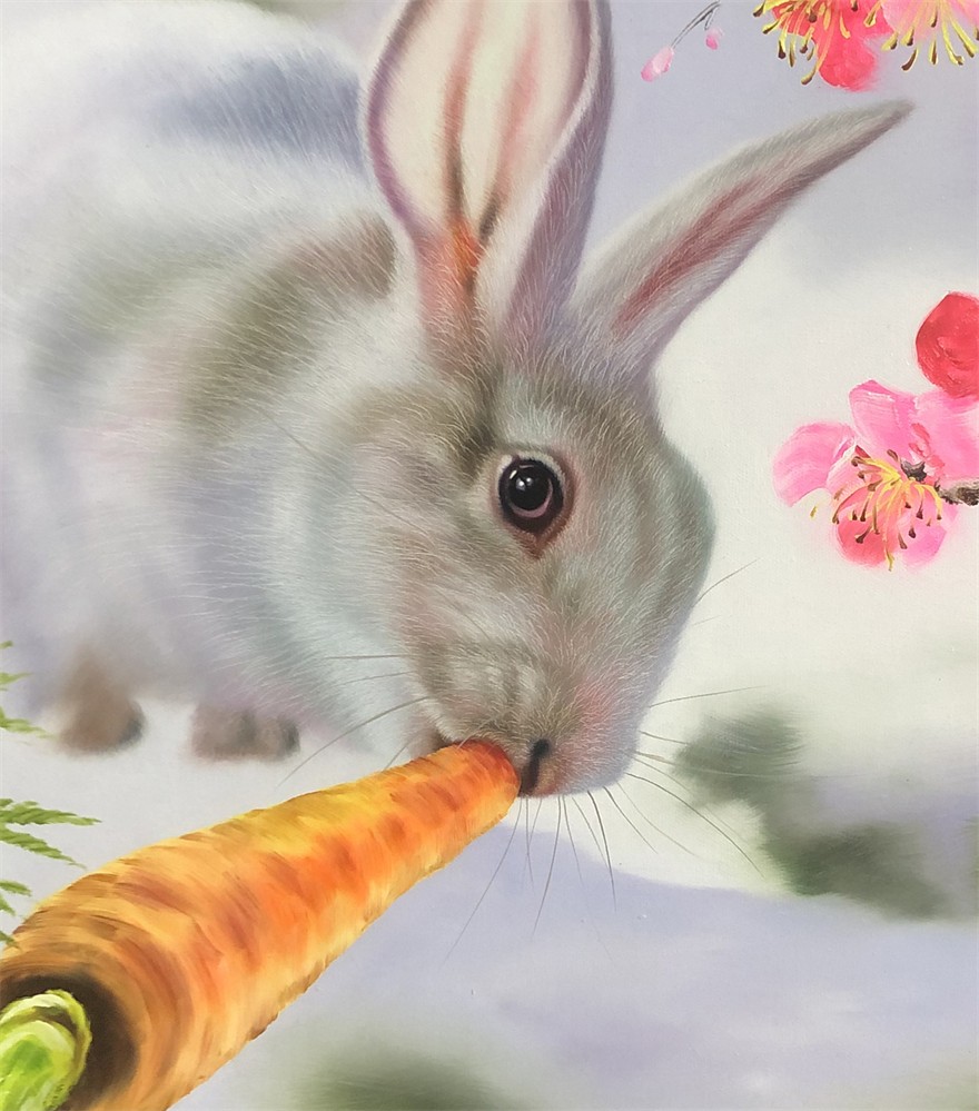 朝鲜动物油画 一级画家池哲林《小兔子》在线拍卖,朝鲜动物油画 一级